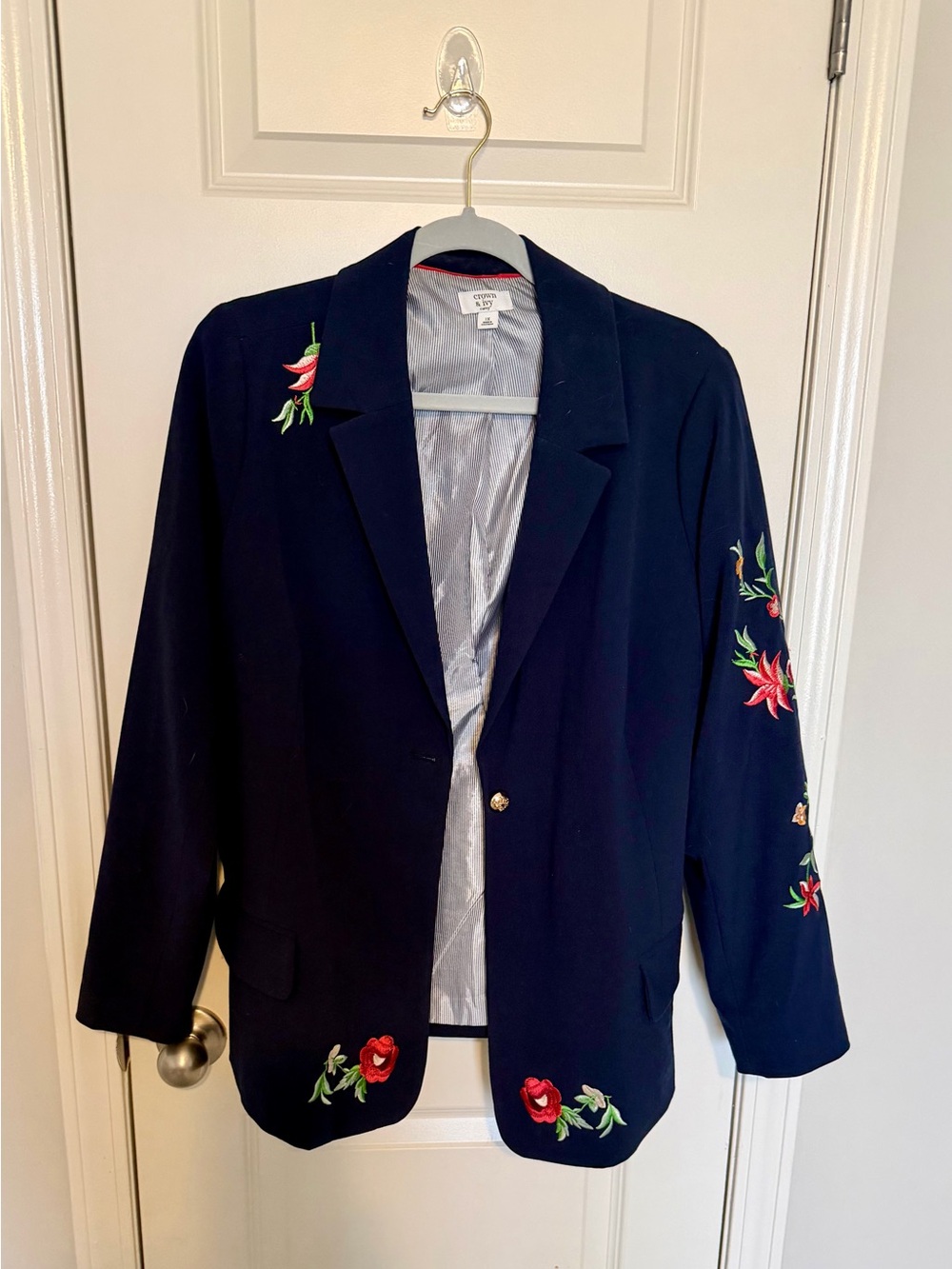 crown & ivy Navy Blazer with Red Floral Embroidery